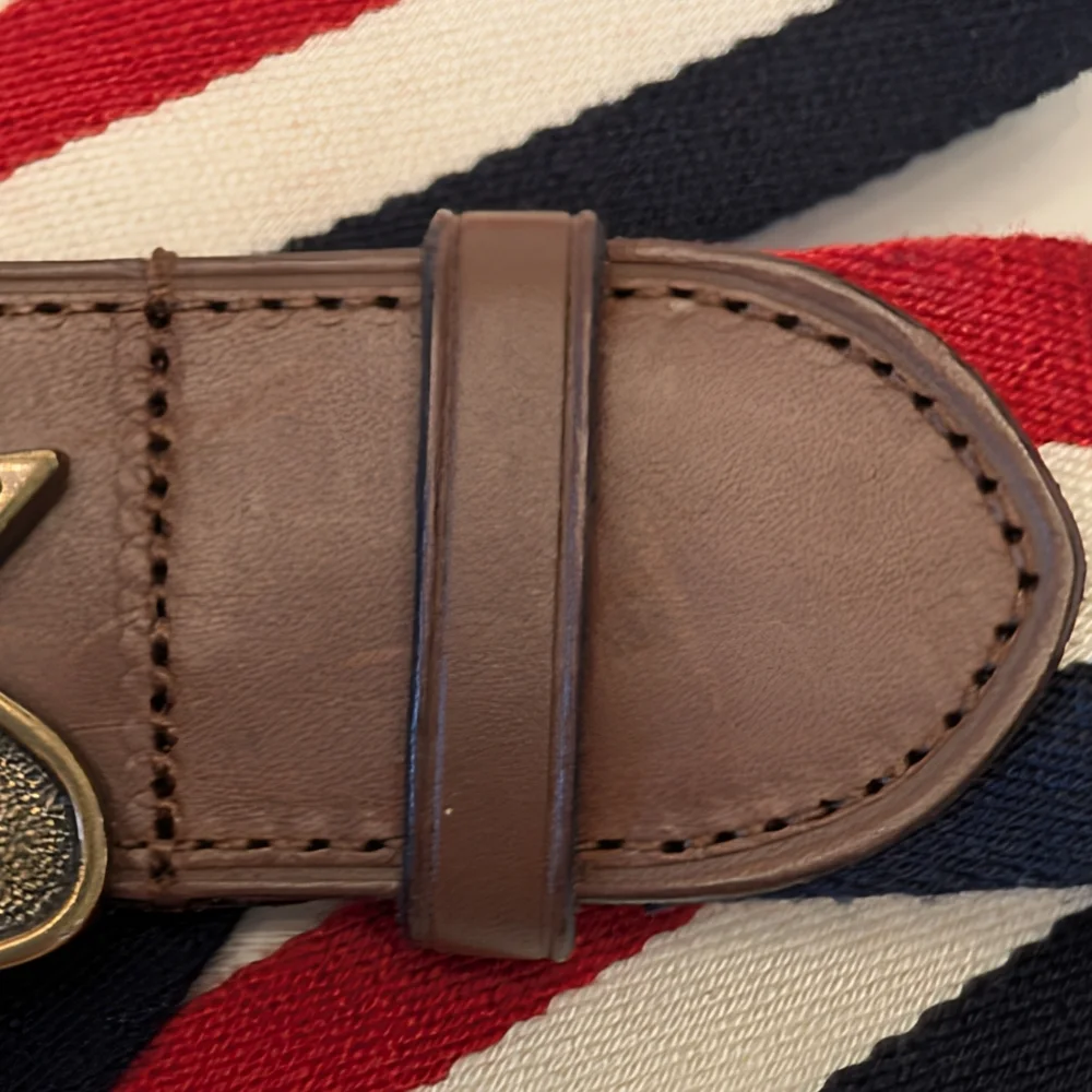 Polo Ralph Lauren Striped Canvas Leather Belt‎ Script Logo Buckle Red White Blue